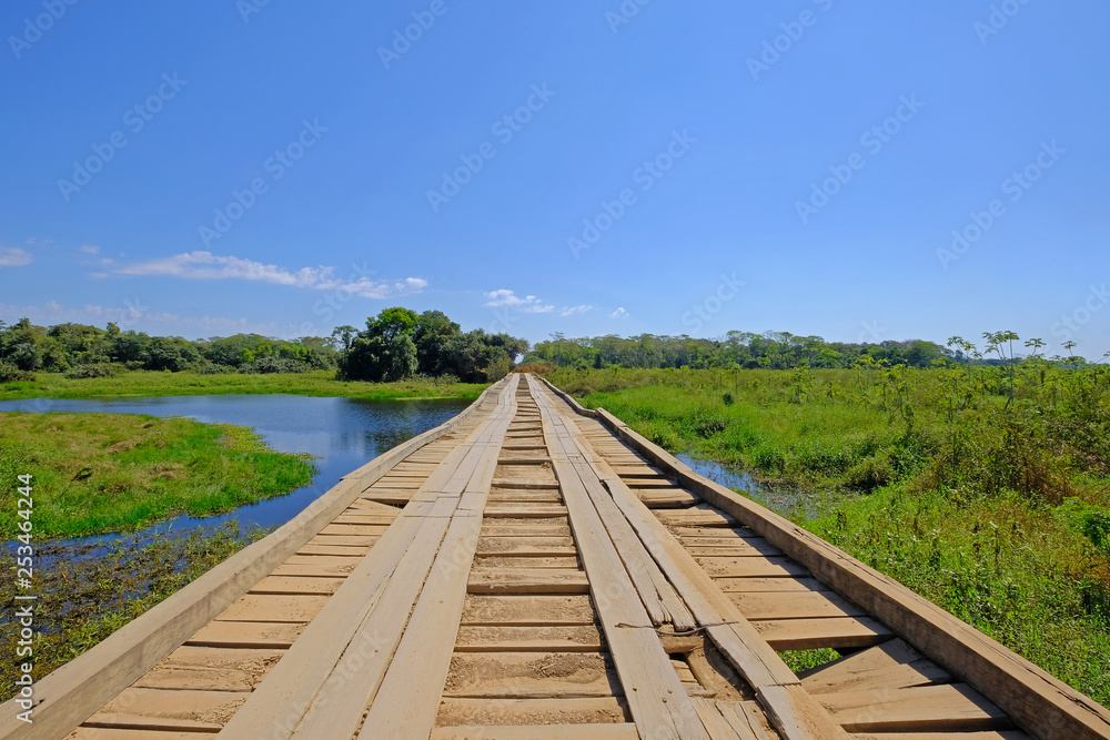 Old damaged wooden bridge on the transpantaneira dirt road with Pantanal wetland, Porto Jofre, Mato Grosso, Brazil