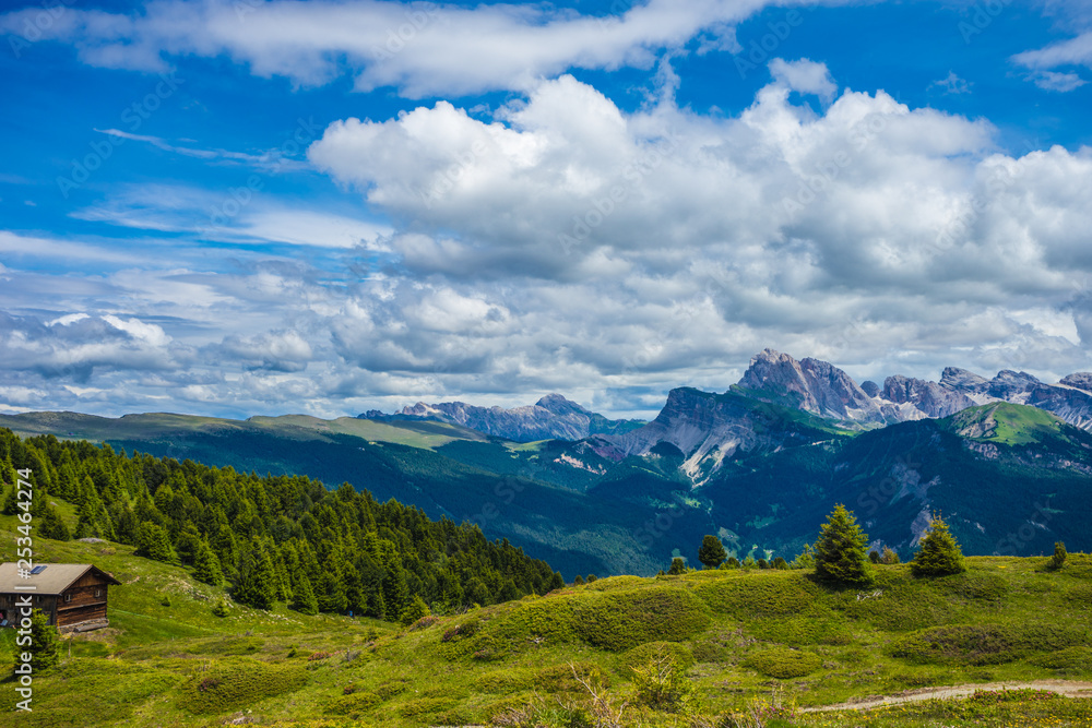 Obraz premium Alpe di Siusi, Seiser Alm with Sassolungo Langkofel Dolomite, a large green field with a mountain in the background