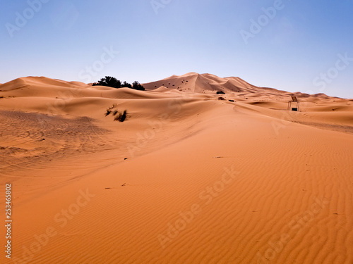 Die Wüste Sahara im Süden von Marokko. Sand und Dünen so weit das Auge reicht. Die Sandwüste wird auch Erg genannt.