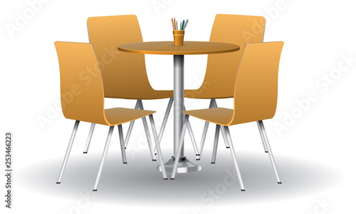 Orange color Modern round table with chairs. Vector illustration.
