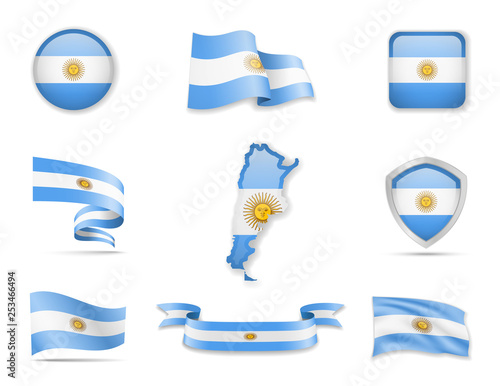 Argentina flags collection. Flags and outline of the country vector illustration set