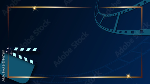 Film strip and clapper-board isolated on dark blue background with gold frame. Design template cinema festival banner, brochure, flyer, poster, tickets. Vector illustration in 3d isometric style. EPS.