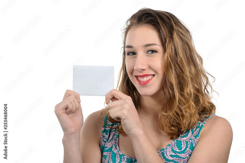 pretty young woman showing small empty card pretty young woman showing small empty card