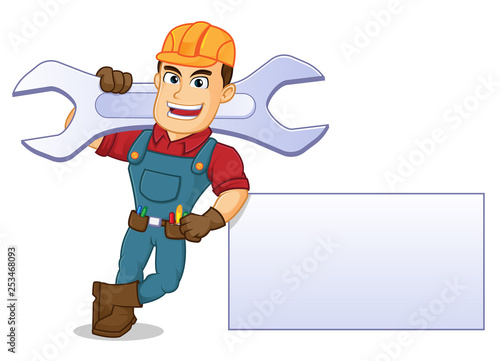Handyman leaning on blank sign hold wrench