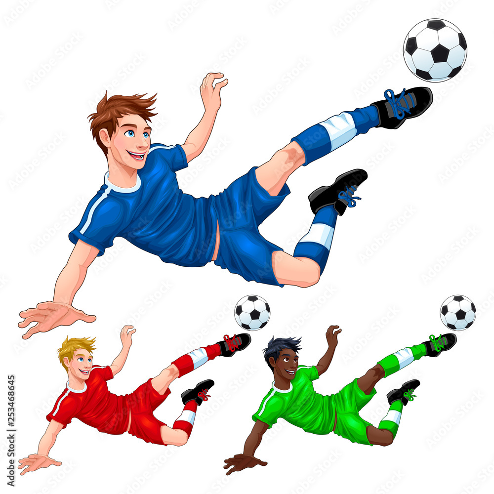 Three soccer players with different hair, skin and dress colors Three soccer players with different hair, skin and dress colors