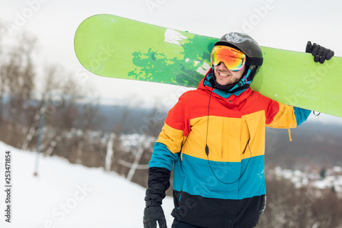 begginer snowboarder attending ski school, close up photo.