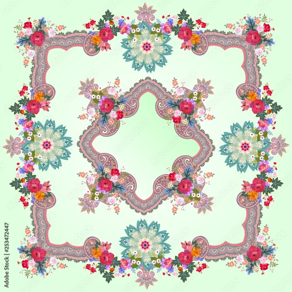 Obraz premium Square shawl with elegant ornament, mandala, paisley and bouquets of garden flowers on light green background in russian style.