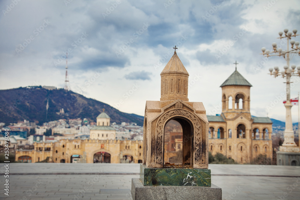 Tbilisi Saint Trinity Sameba Cathedral with small copy