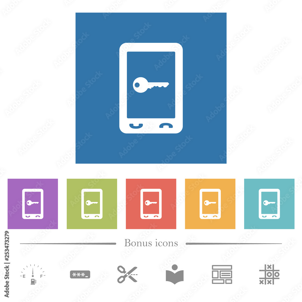 Mobile secure flat white icons in square backgrounds Mobile secure flat white icons in square backgrounds