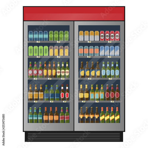 Industrial refrigerator with beer isolated on white background.