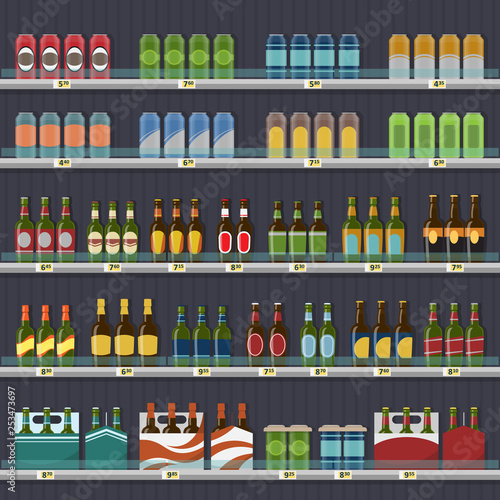 Beer in cans and bottles, standing on the shelf.
