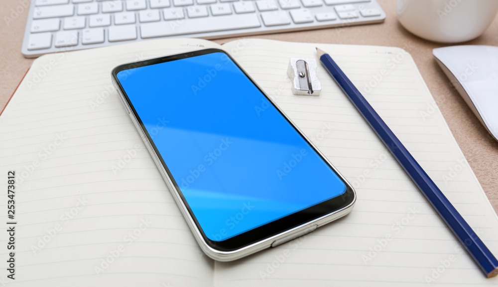 Workplace with modern mobile phone mockup Workplace with modern mobile phone mockup