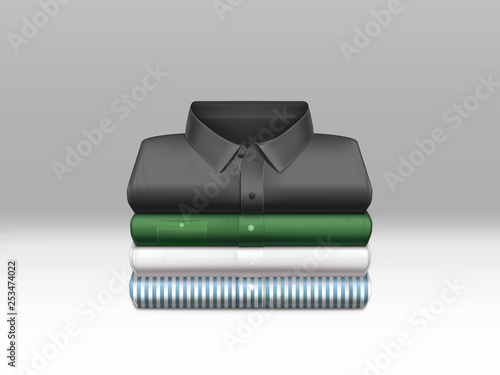 Various color, clean mens shirts, ironed and folded in stack 3d realistic vector illustration isolated ob gradient background. Casual unisex clothing shop advertisement. Fashion concept design element