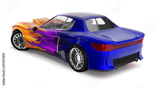 Muscle car with a pattern of flame, blue. 3d illustration isolated on white.