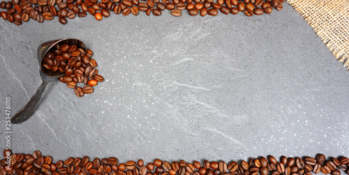 Coffee beans with love on kitchen table 