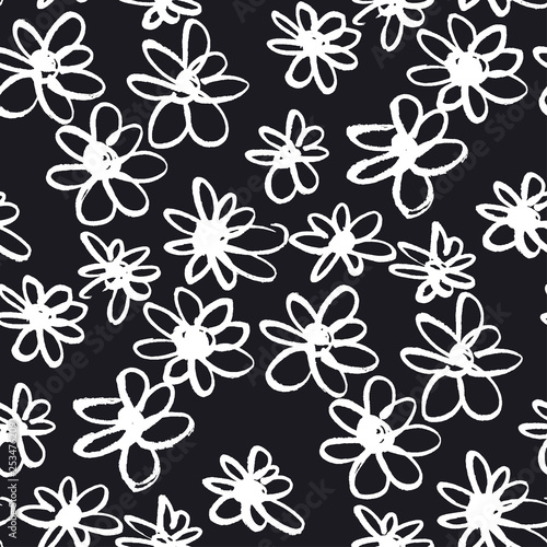 Daisy chalk flowers hand drawn seamless pattern