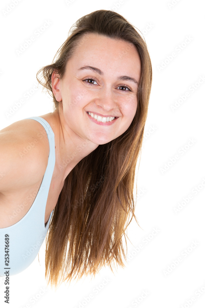 Fit young smiling portrait woman in sports bra Fit young smiling portrait woman in sports bra