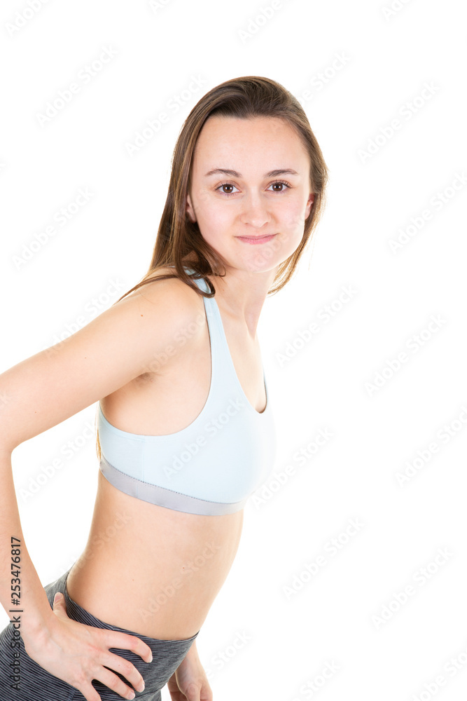 Young sporty caucasian female model isolated on white background