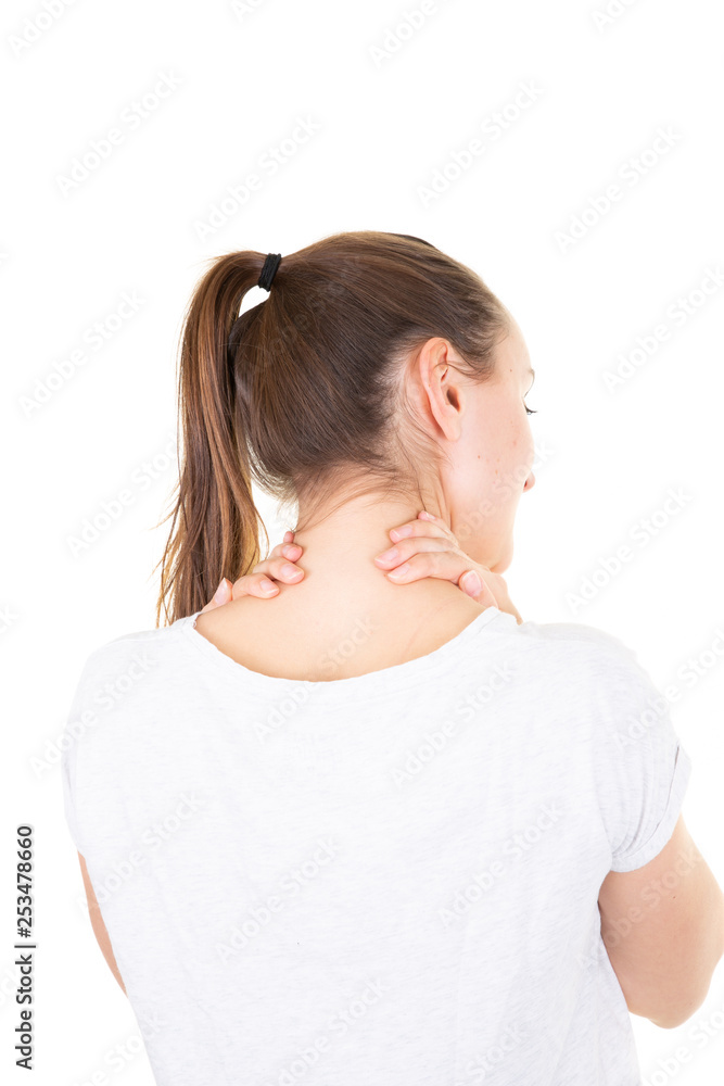 young woman holding the neck isolated on white background young woman holding the neck isolated on white background