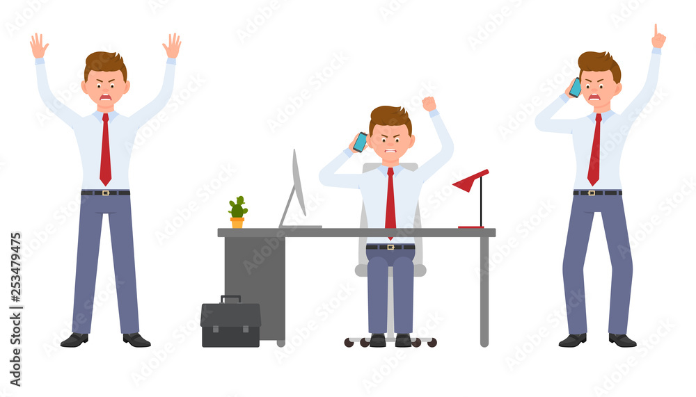 Young office manager angry, stressed, desperate, talking on phone. Cartoon character design of shouting, pointing finger, unhappy man emotions concept - Vector Young office manager angry, stressed, desperate, talking on phone. Cartoon character design of shouting, pointing finger, unhappy man emotions concept - Vector