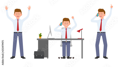 Young office manager angry, stressed, desperate, talking on phone. Cartoon character design of shouting, pointing finger, unhappy man emotions concept - Vector