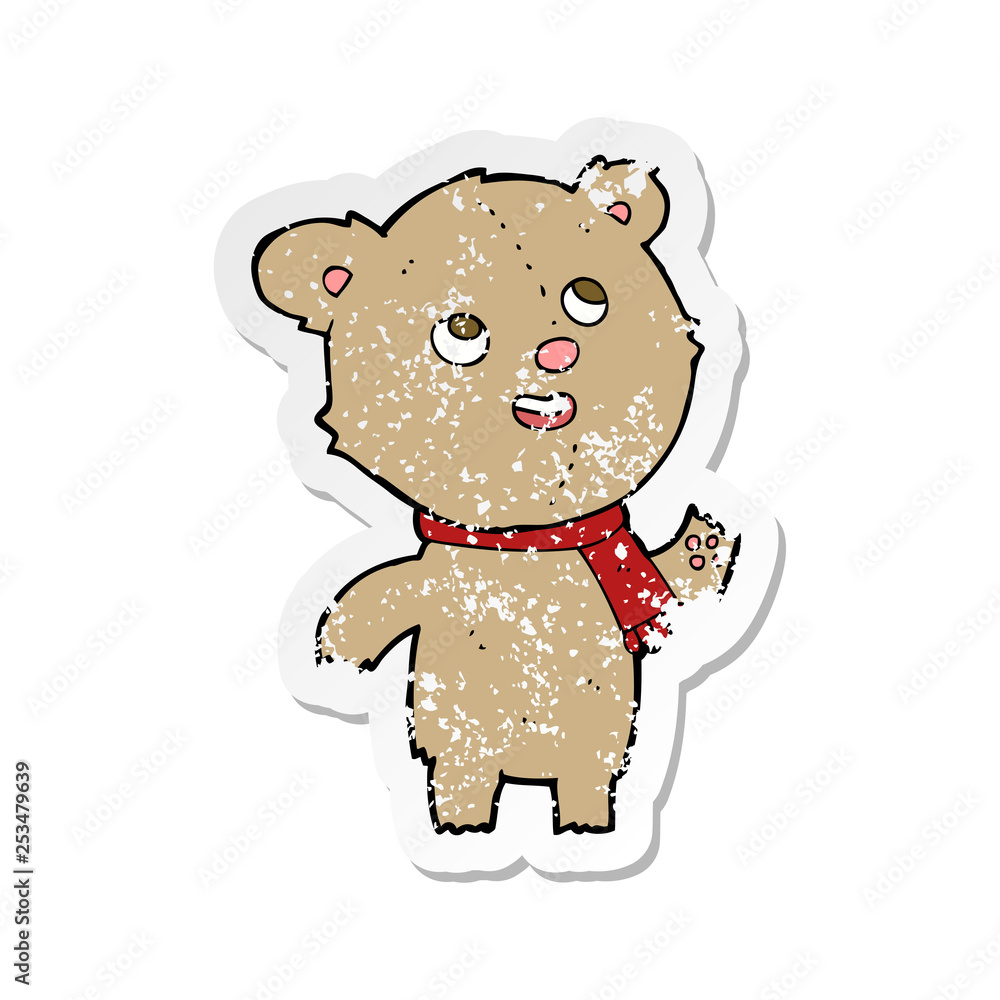 retro distressed sticker of a cartoon teddy bear wearing scarf retro distressed sticker of a cartoon teddy bear wearing scarf