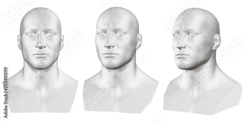Vector set of isolated male busts of mannequins on white background. 3D. Male bust from different sides. Vector illustration
