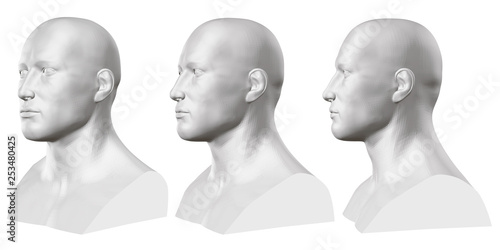 Vector set of isolated male busts of mannequins on white background. 3D. Male bust from different sides. Vector illustration