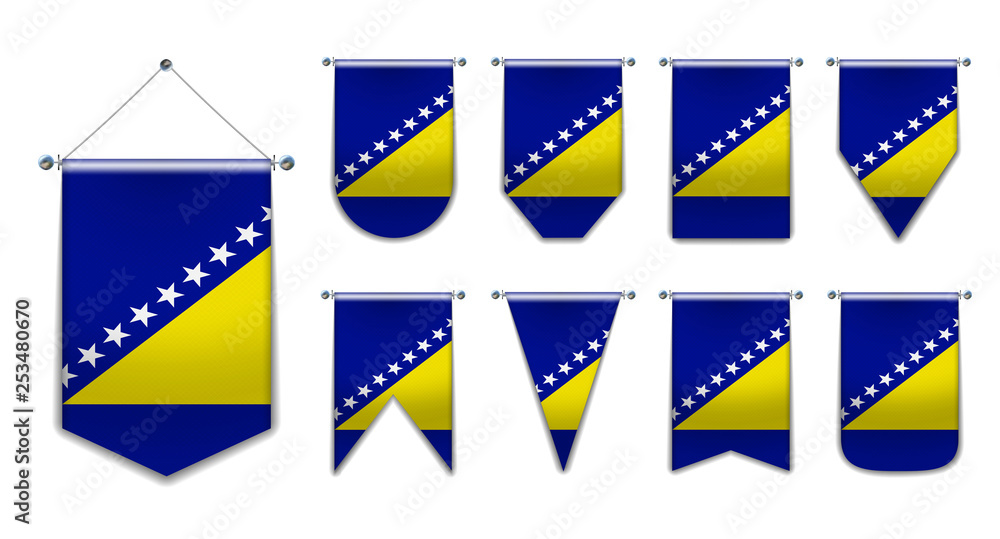 Set of hanging flags of the BOSNIA and HERZEGOVINA with textile texture ...