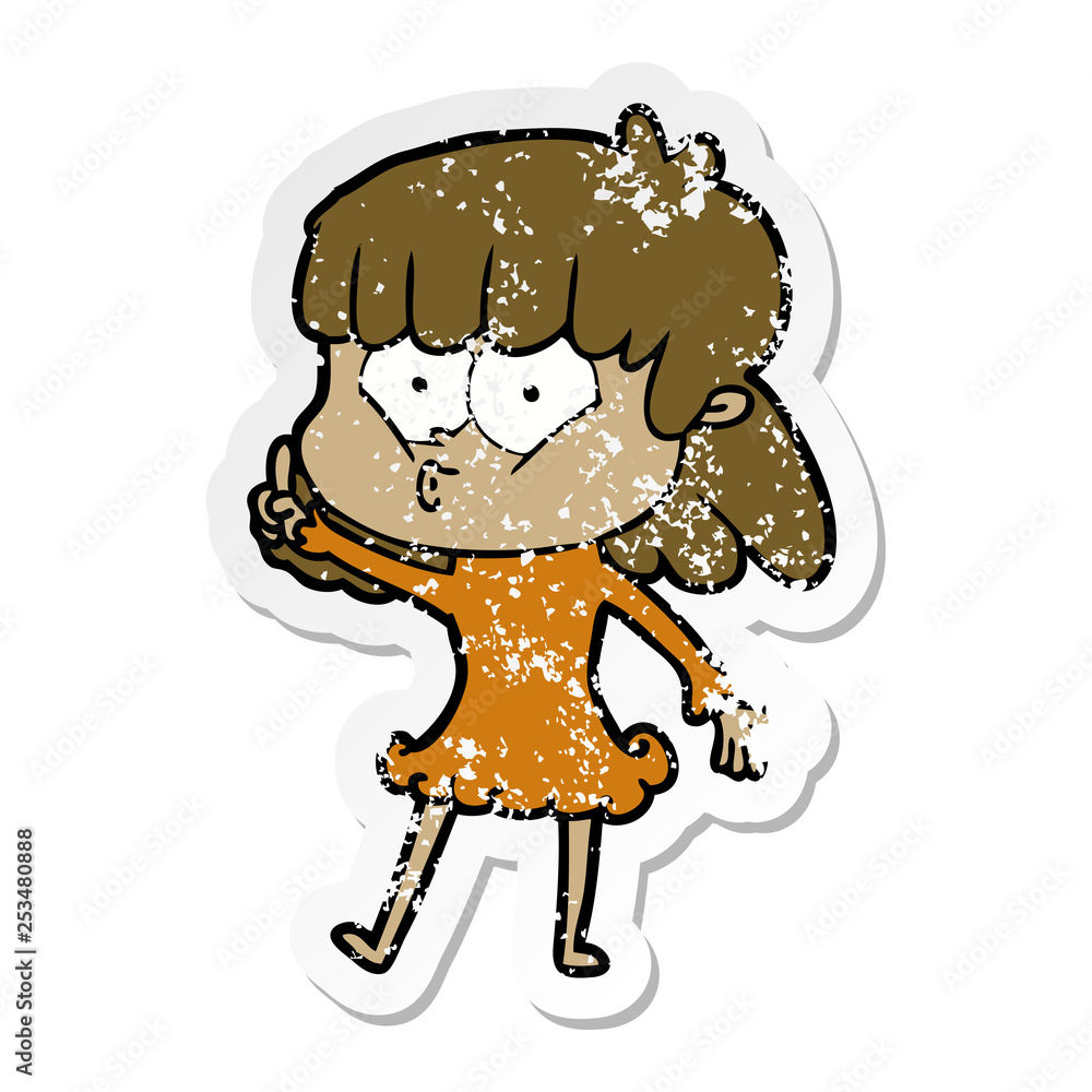 distressed sticker of a cartoon whistling girl distressed sticker of a cartoon whistling girl