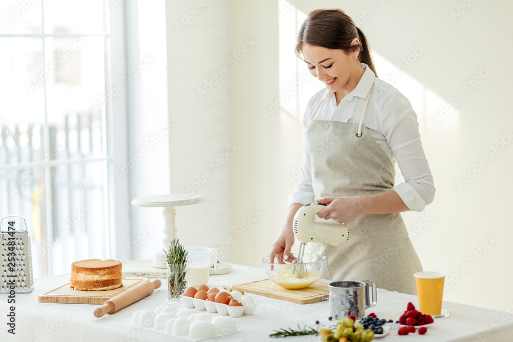 happy girl enjoying baking cake, favorite hobby, happiness, close up photo. copy space happy girl enjoying baking cake, favorite hobby, happiness, close up photo. copy space