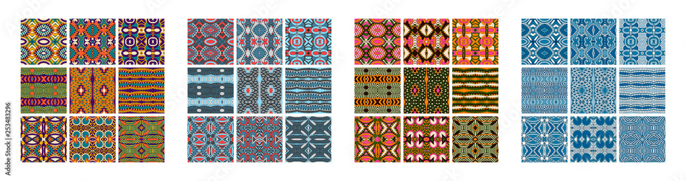 set of different seamless colored vintage geometric pattern - obrazy, fototapety, plakaty 