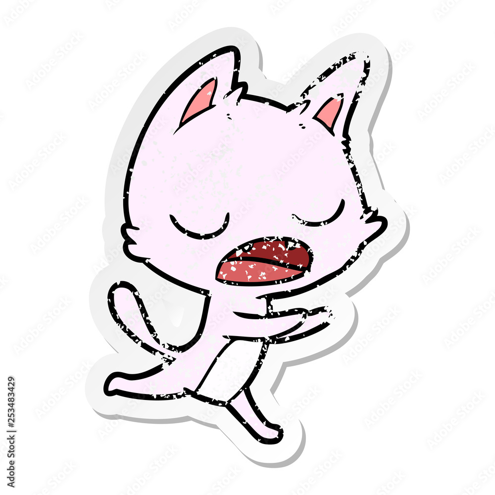 distressed sticker of a talking cat cartoon distressed sticker of a talking cat cartoon