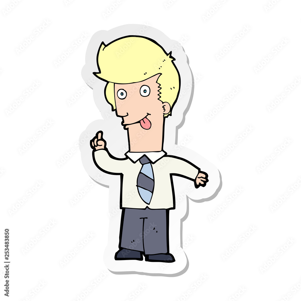 sticker of a cartoon office man with crazy idea