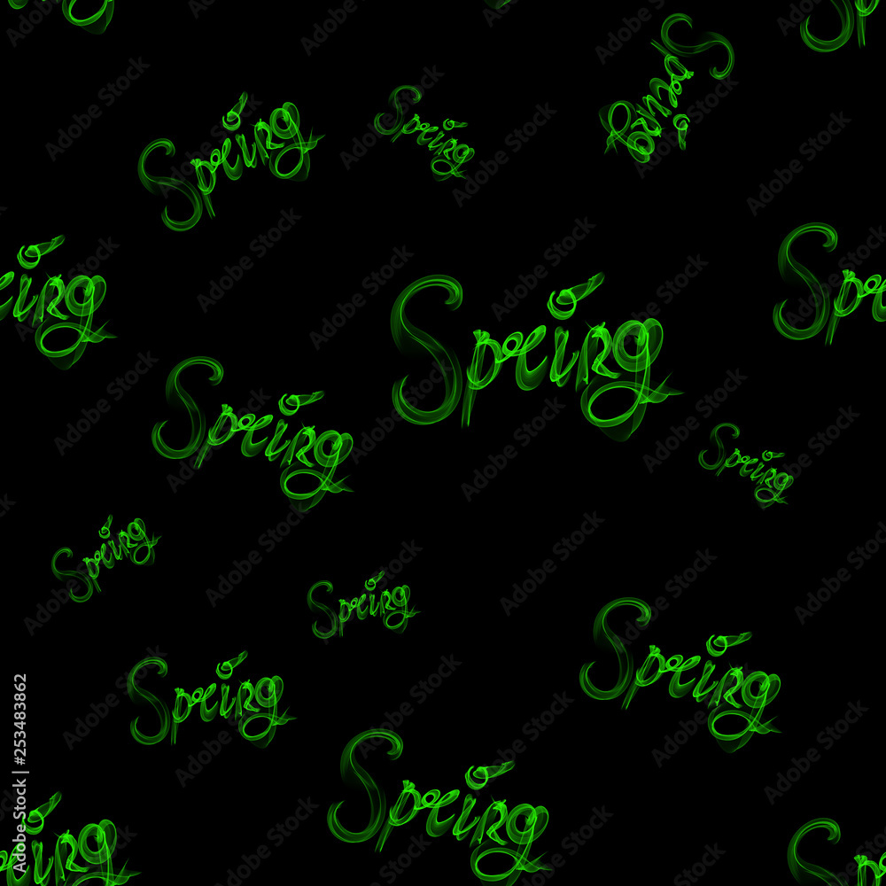 Spring green lettering word made of smoke isolated on black background. Seamless design pattern