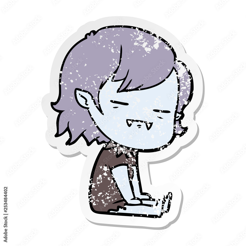 distressed sticker of a cartoon undead vampire girl sitting distressed sticker of a cartoon undead vampire girl sitting