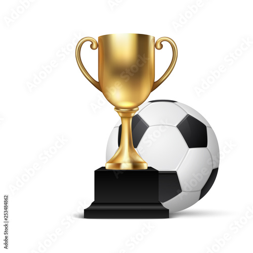 Realistic Vector 3d Blank Golden Champion Cup Icon wirh Soccer Ball Set Closeup Isolated on White. Design Template of Championship Trophy. Sport Tournament Award, Gold Winner Cup and Victory Concept