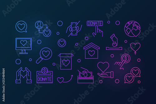 Donate vector colorful horizontal banner in thin line style on dark background