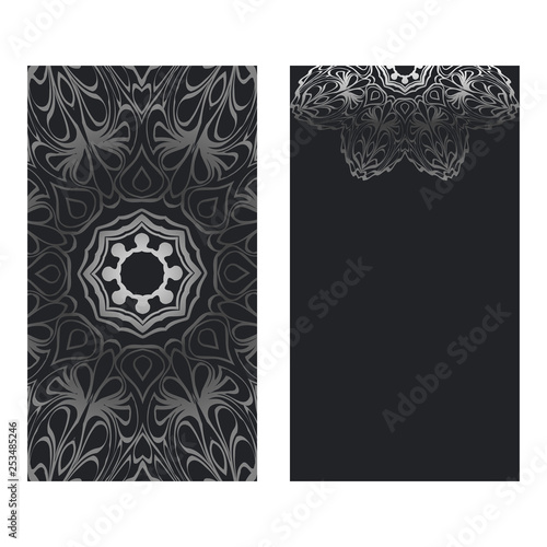 Visit Card Template With Floral Mandala Pattern. Vector Template. Islam, Arabic, Indian, Mexican Ottoman Motifs. Hand Drawn Background. Black silver color