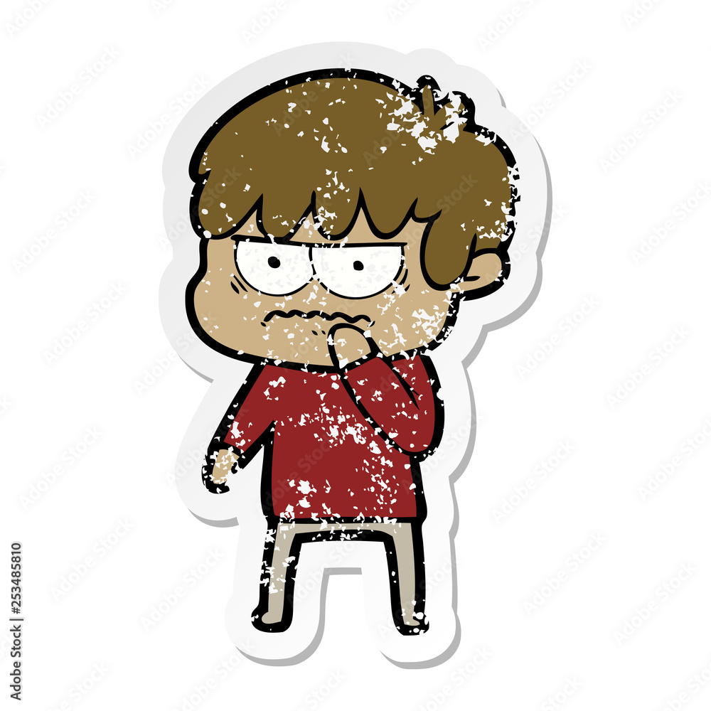 distressed sticker of a annoyed cartoon boy distressed sticker of a annoyed cartoon boy