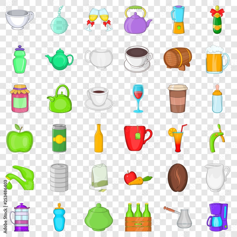Beverage icons set. Cartoon style of 36 beverage vector icons for web for any design