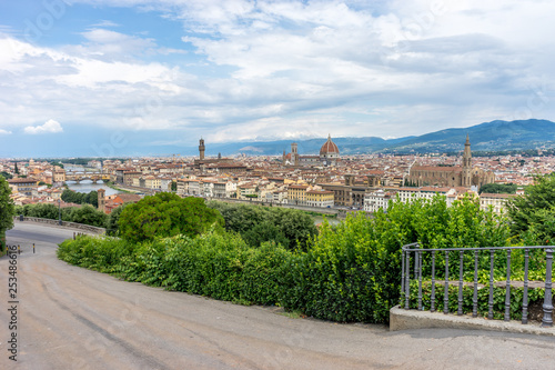 Panaromic view of Florence with Palazzo Vecchio, Ponte Vecchio and Duomo and basilica Croce viewed from Piazzale Michelangelo (Michelangelo Square)