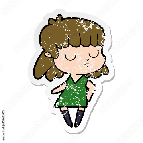 distressed sticker of a cartoon indifferent woman