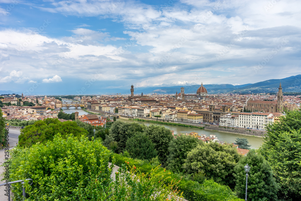 Panaromic view of Florence with Palazzo Vecchio, Ponte Vecchio and Duomo and basilica Croce viewed from Piazzale Michelangelo (Michelangelo Square)