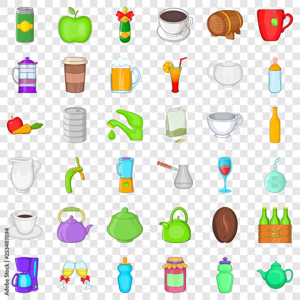 Food and drink icons set. Cartoon style of 36 food and drink vector icons for web for any design Food and drink icons set. Cartoon style of 36 food and drink vector icons for web for any design