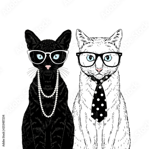 Black female cat dressed up in pearl necklace and white male cat dressed up in dotty tie. Matching cats couple. Vector hand drawn animal illustration. Funny cats poster.