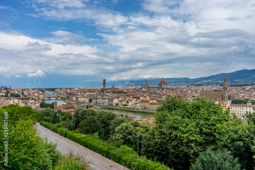 Panaromic view of Florence with Basilica Santa Croce and City gate of San Niccolo and Duomo and Ponte Vecchio viewed from Piazzale Michelangelo (Michelangelo Square) © SkandaRamana
