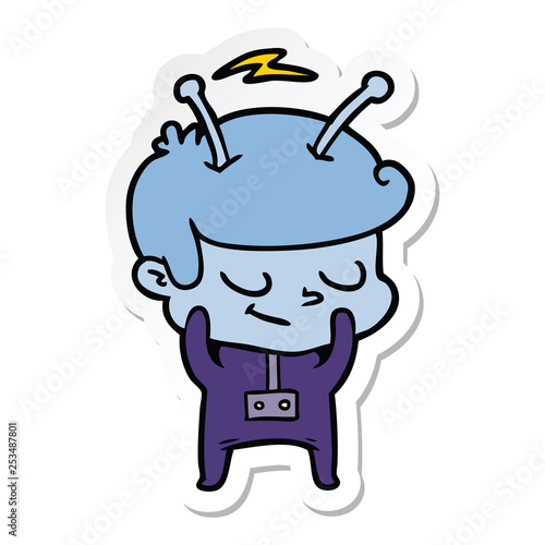 sticker of a shy cartoon spaceman