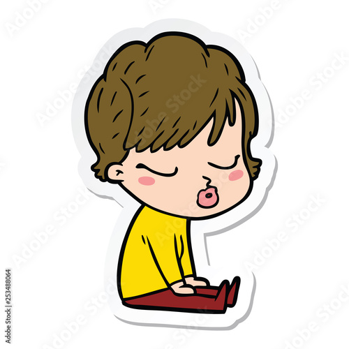 sticker of a cartoon woman with eyes shut