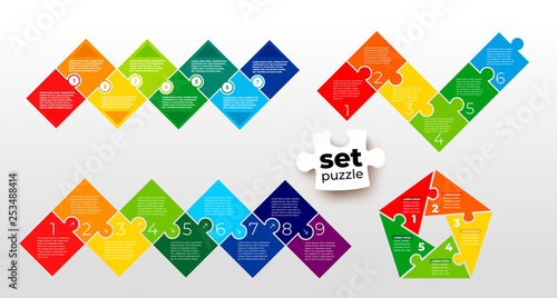 Set of pieces puzzle square diagram. Square business presentation infographic. 5, 6, 7, 9 steps parts pieces of process diagram. Jigsaw puzzle info graphic. Section compared banner. Marketing strategy